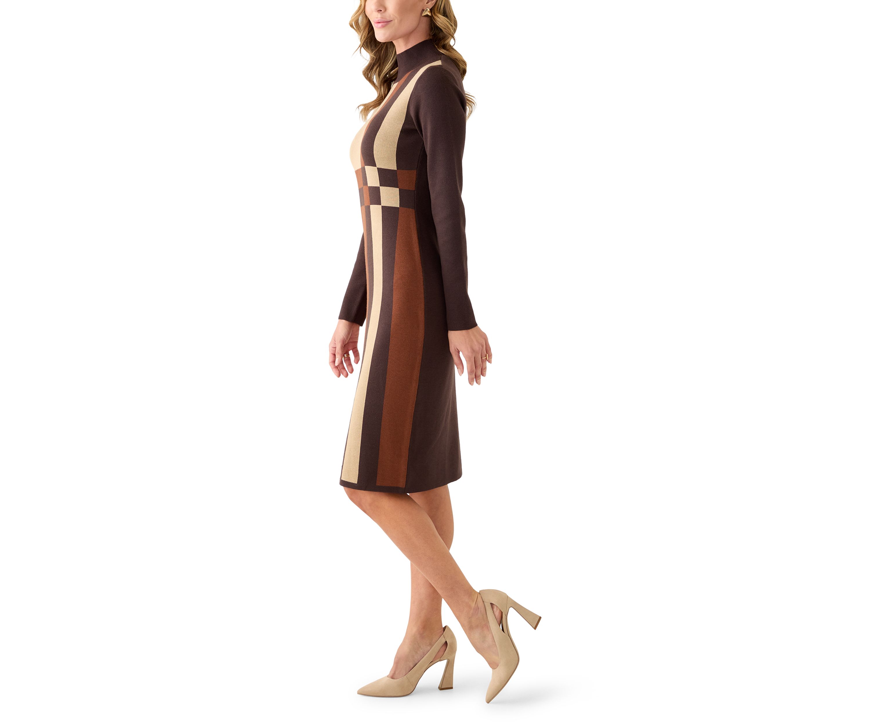Womens Long Sleeve Mock Neck Geo Print Sweater Dress