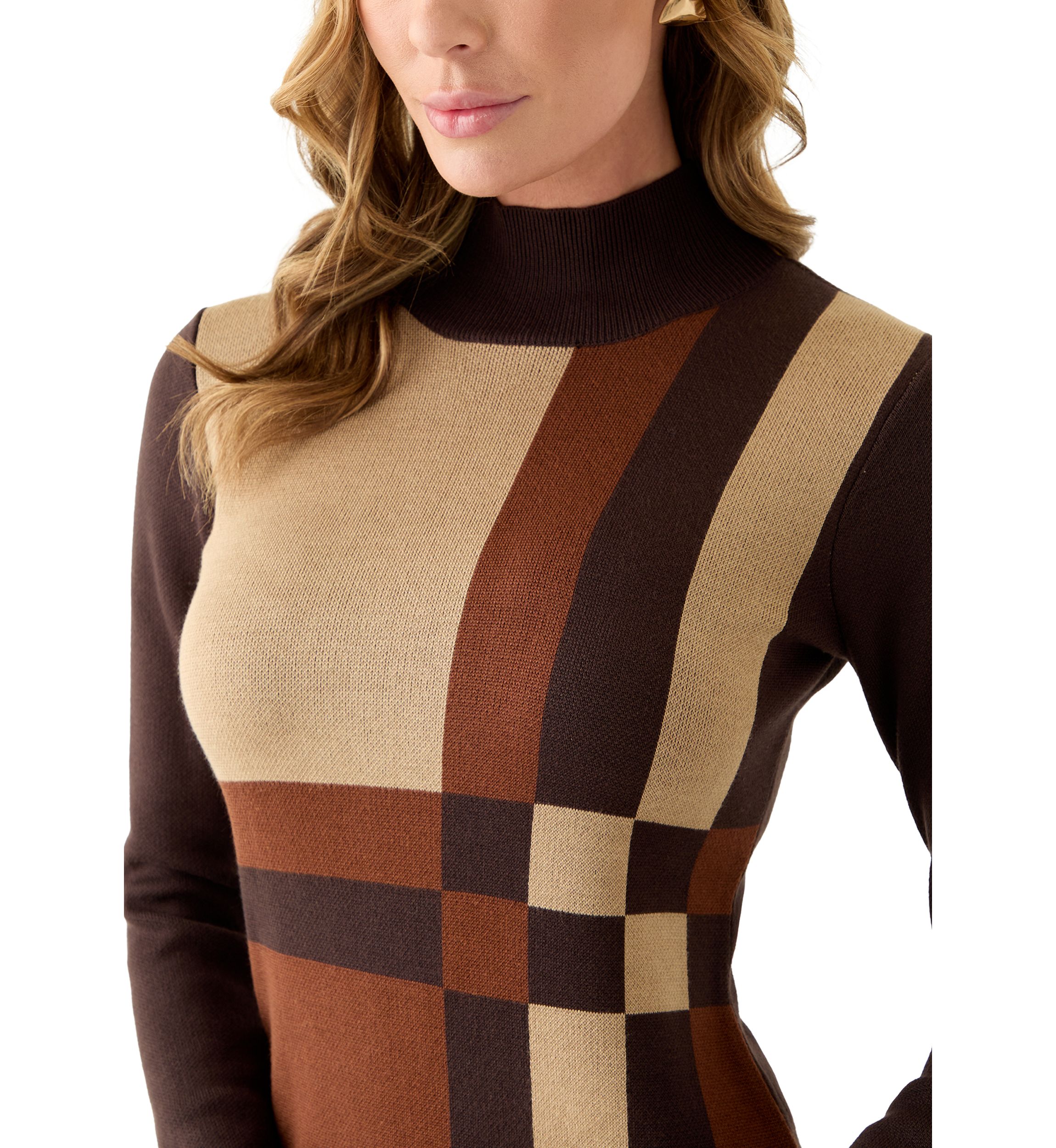 Womens Long Sleeve Mock Neck Geo Print Sweater Dress