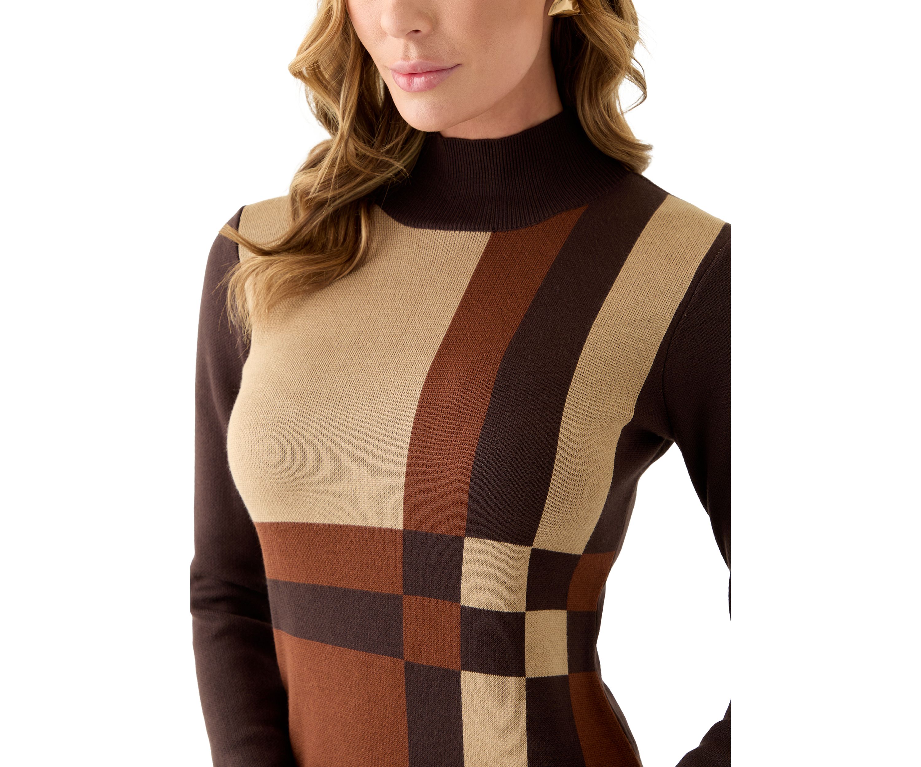 Womens Long Sleeve Mock Neck Geo Print Sweater Dress