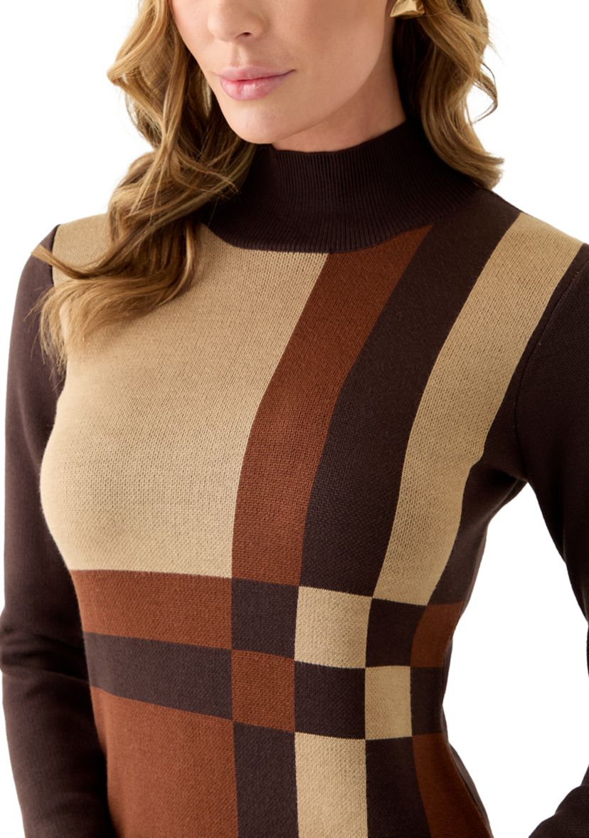 Womens Long Sleeve Mock Neck Geo Print Sweater Dress