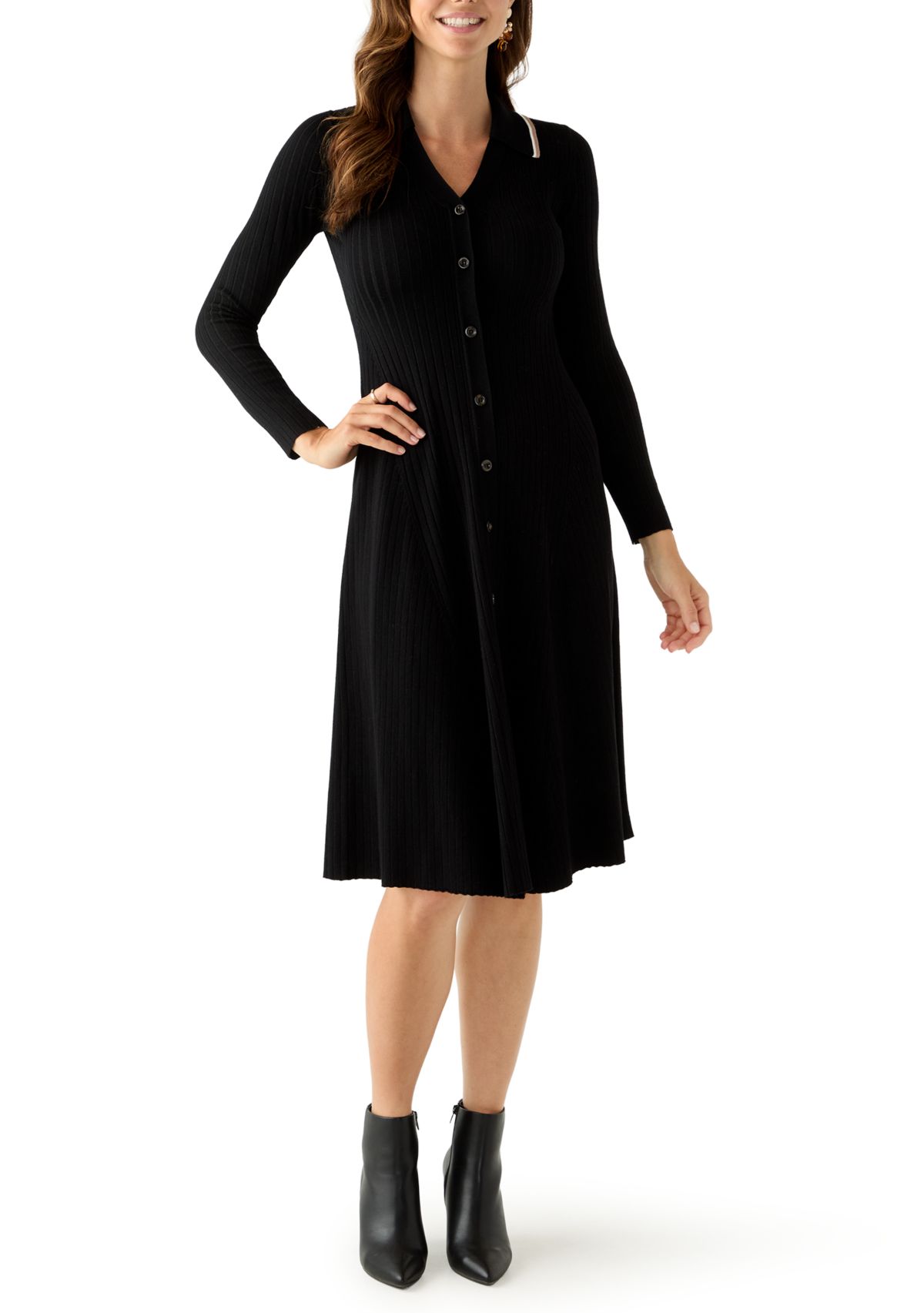 Womens Long Sleeve Johnny Collar Midi Dress