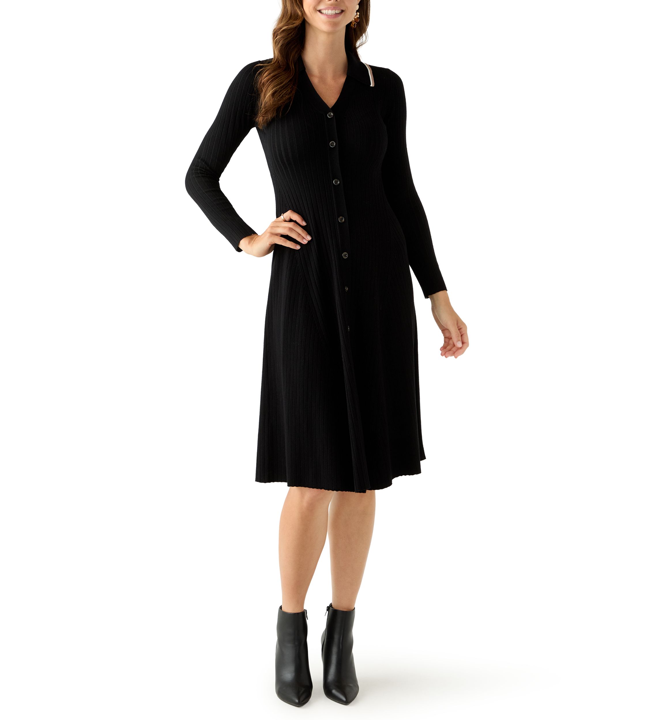 Womens Long Sleeve Johnny Collar Midi Dress