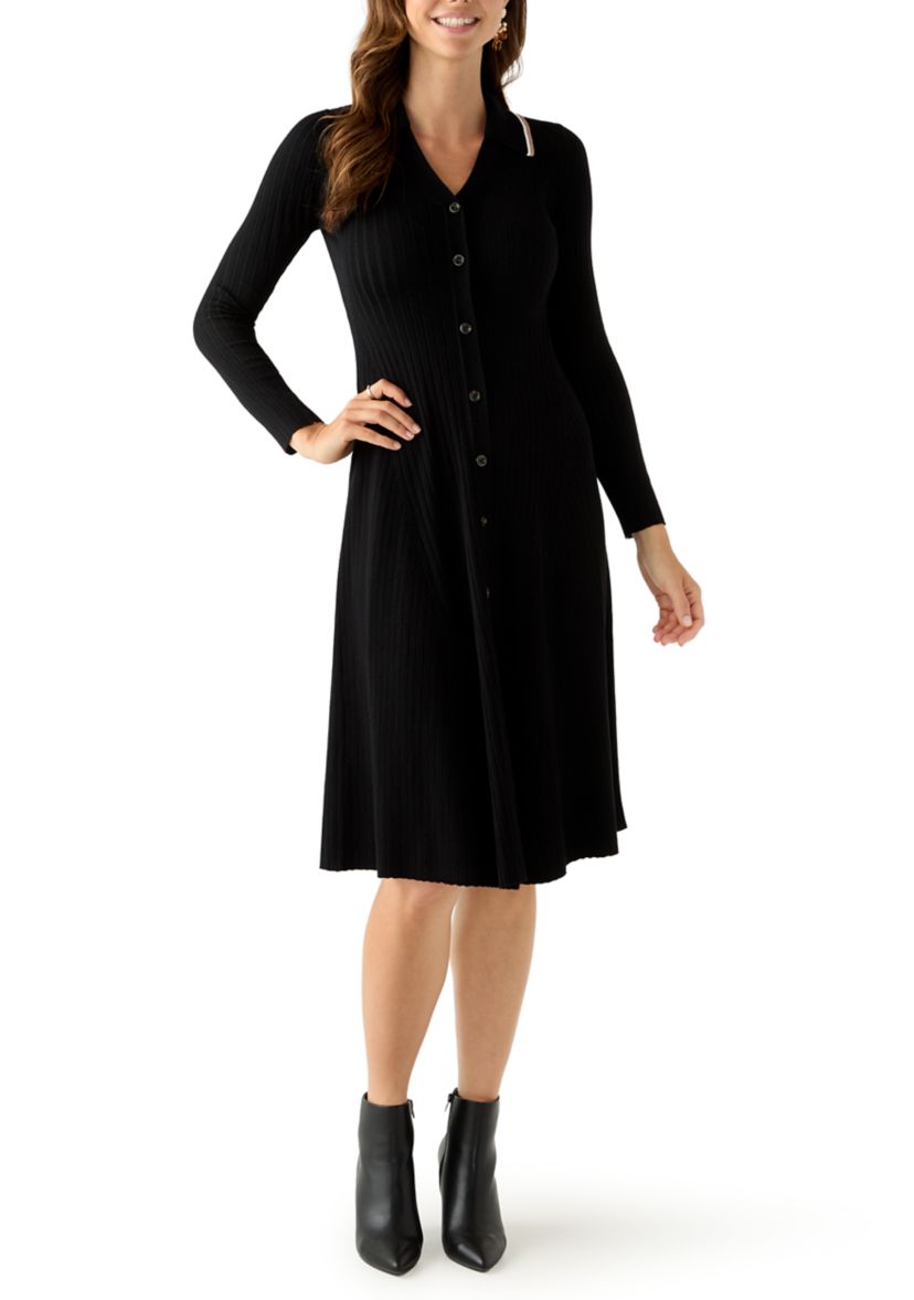 Womens Long Sleeve Johnny Collar Midi Dress