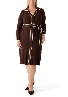 Maison Tara Women's Plus Size Long Sleeve Sweater Knit Shirtdress with Contrast Trim, 3XL