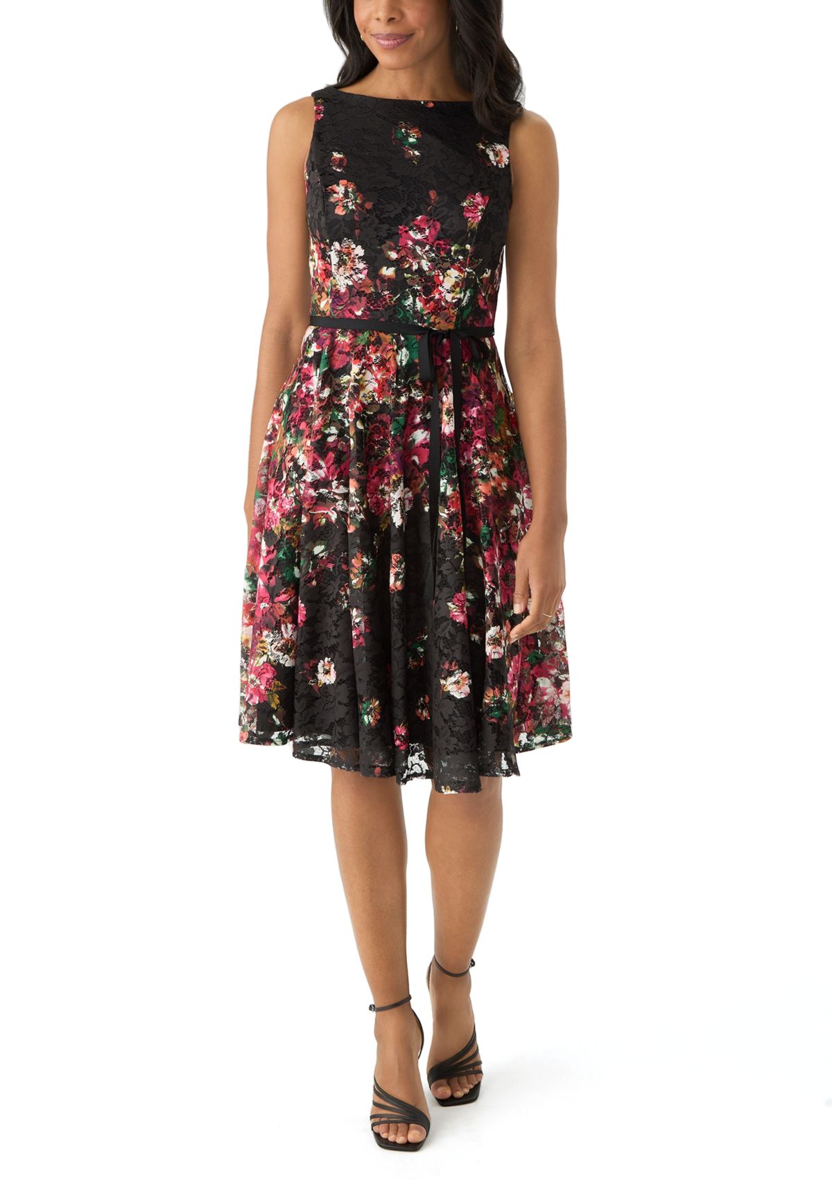 Womens Printed Lace Fit and Flare Dress