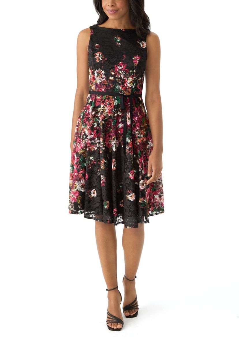 Womens Printed Lace Fit and Flare Dress