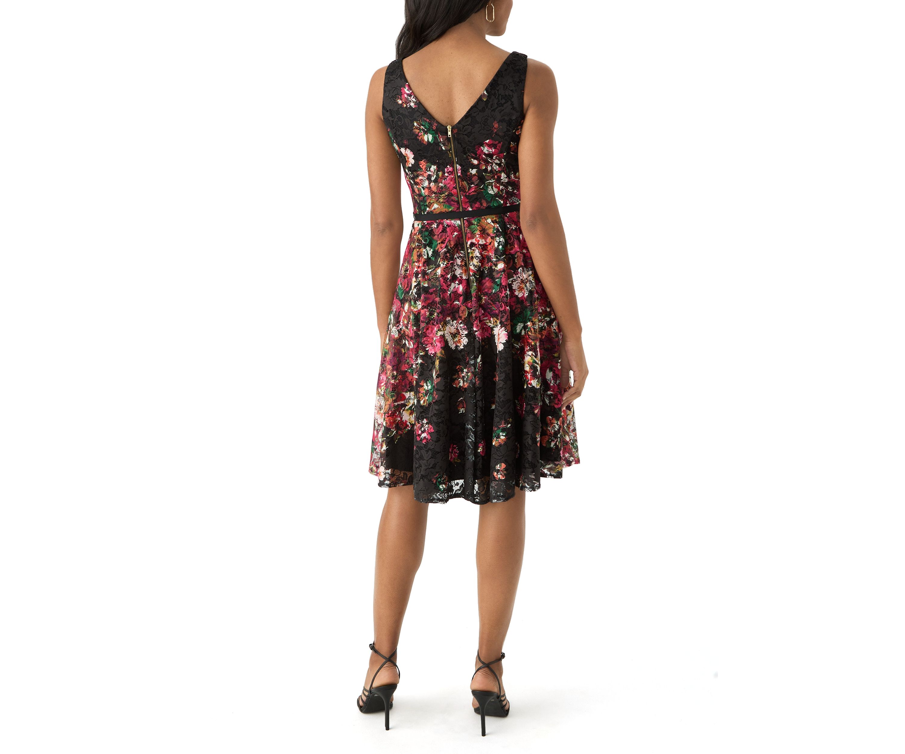 Womens Printed Lace Fit and Flare Dress