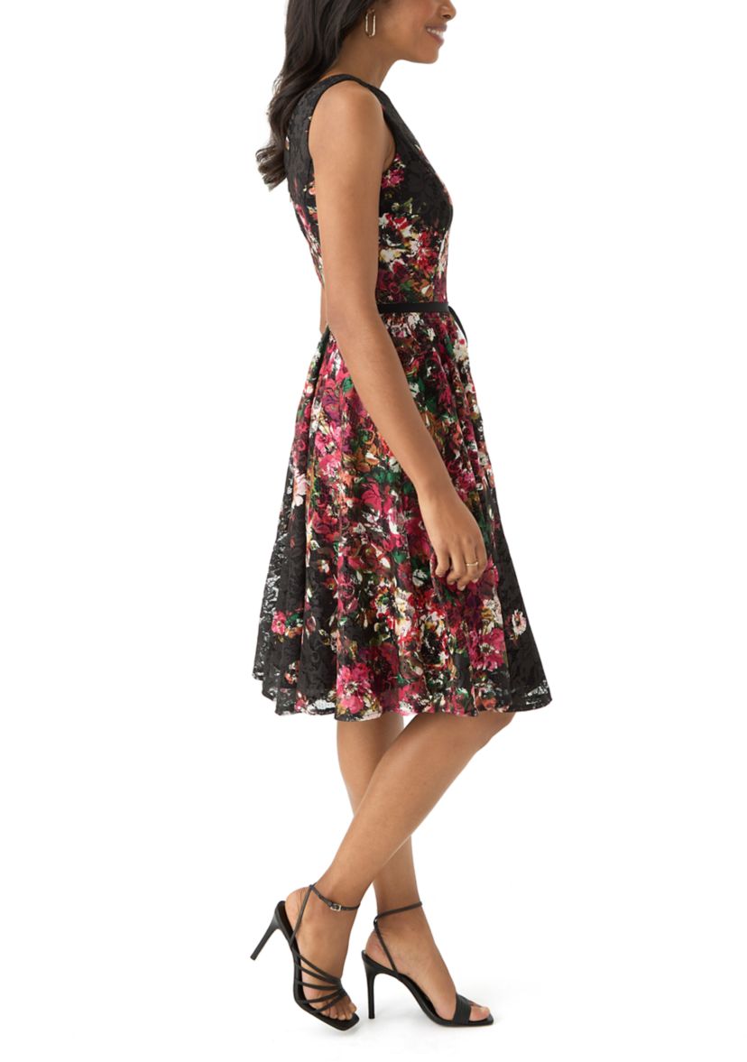 Womens Printed Lace Fit and Flare Dress