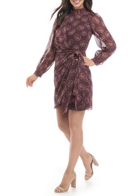 3/4 Sleeve Mock Neck Paisley Wrap Skirt Dress