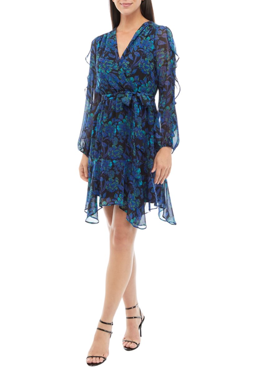 Womens Long Sleeve Floral Print Chiffon Fit and Flare Dress