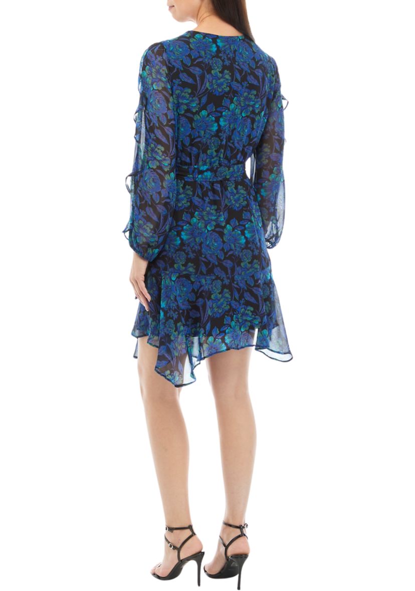 Womens Long Sleeve Floral Print Chiffon Fit and Flare Dress