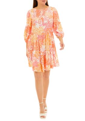 Women's 3/4 Sleeve Floral Print Tiered Babydoll Dress