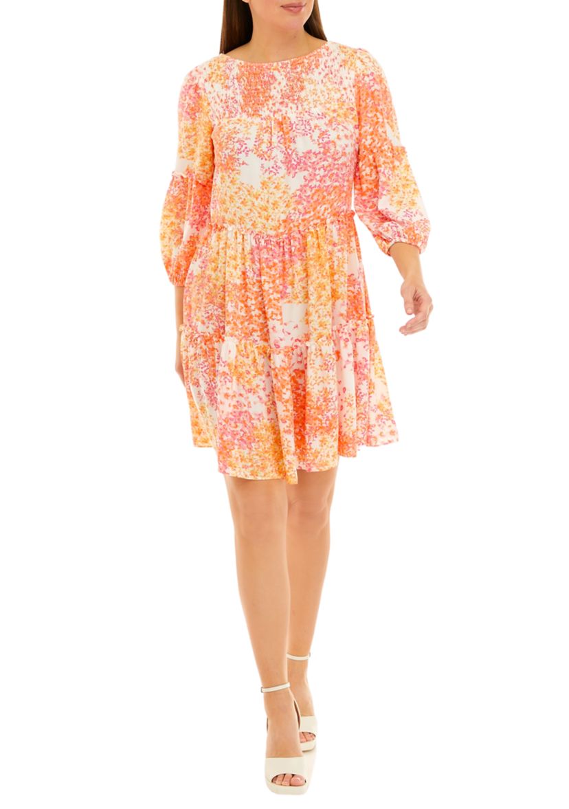 Womens 3/4 Sleeve Floral Print Tiered Babydoll Dress