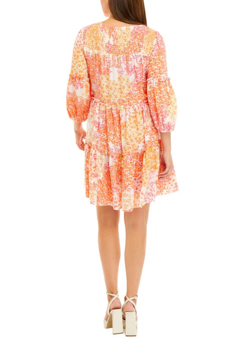 Womens 3/4 Sleeve Floral Print Tiered Babydoll Dress