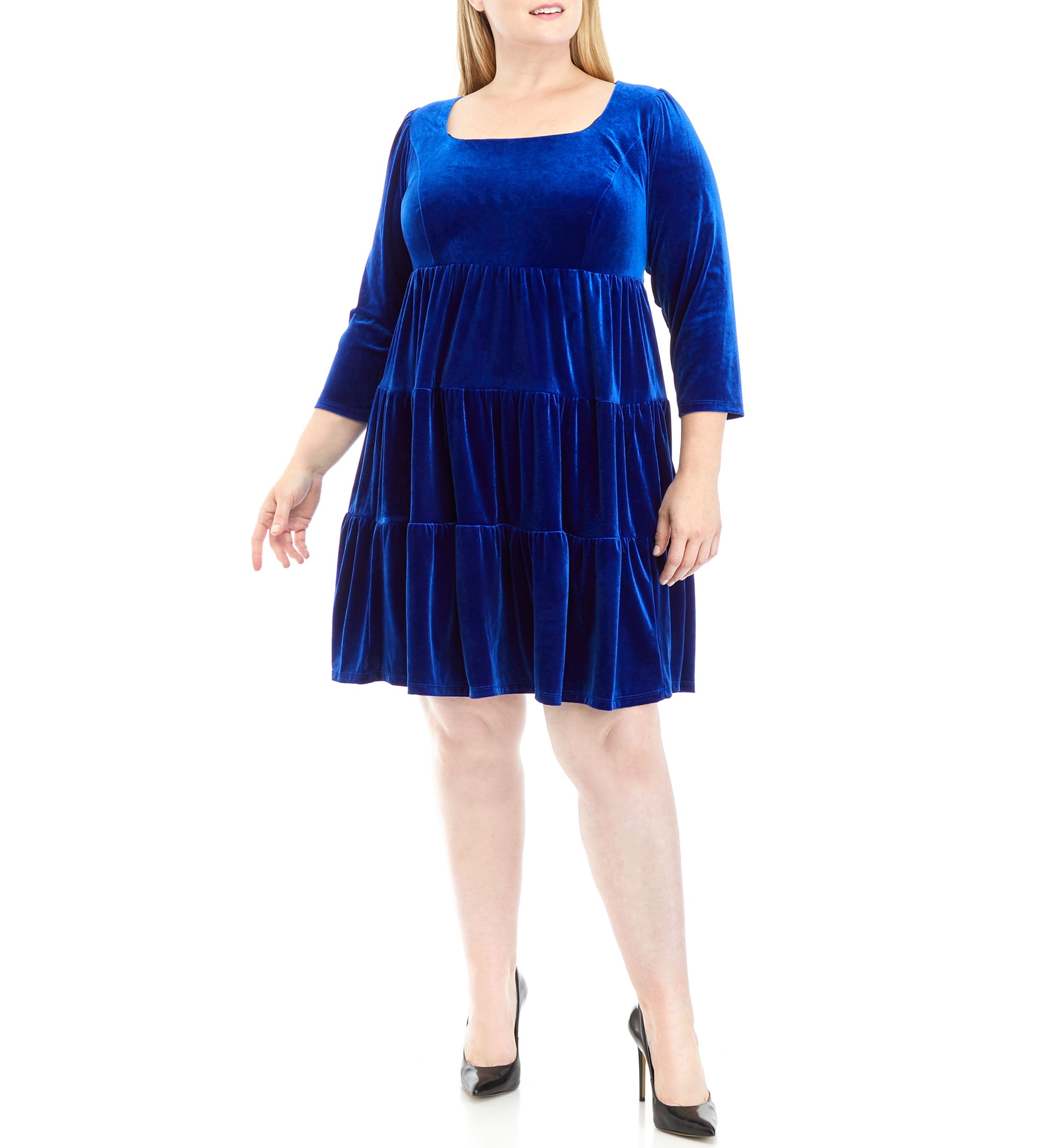 Plus Size 3/4 Sleeve Solid Velvet Tiered Fit and Flare Dress