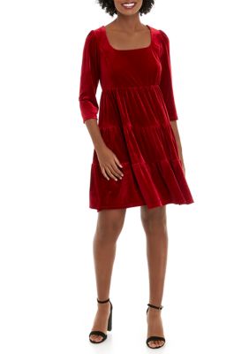 Women's 3/4 Sleeve Tiered Velvet Babydoll Dress