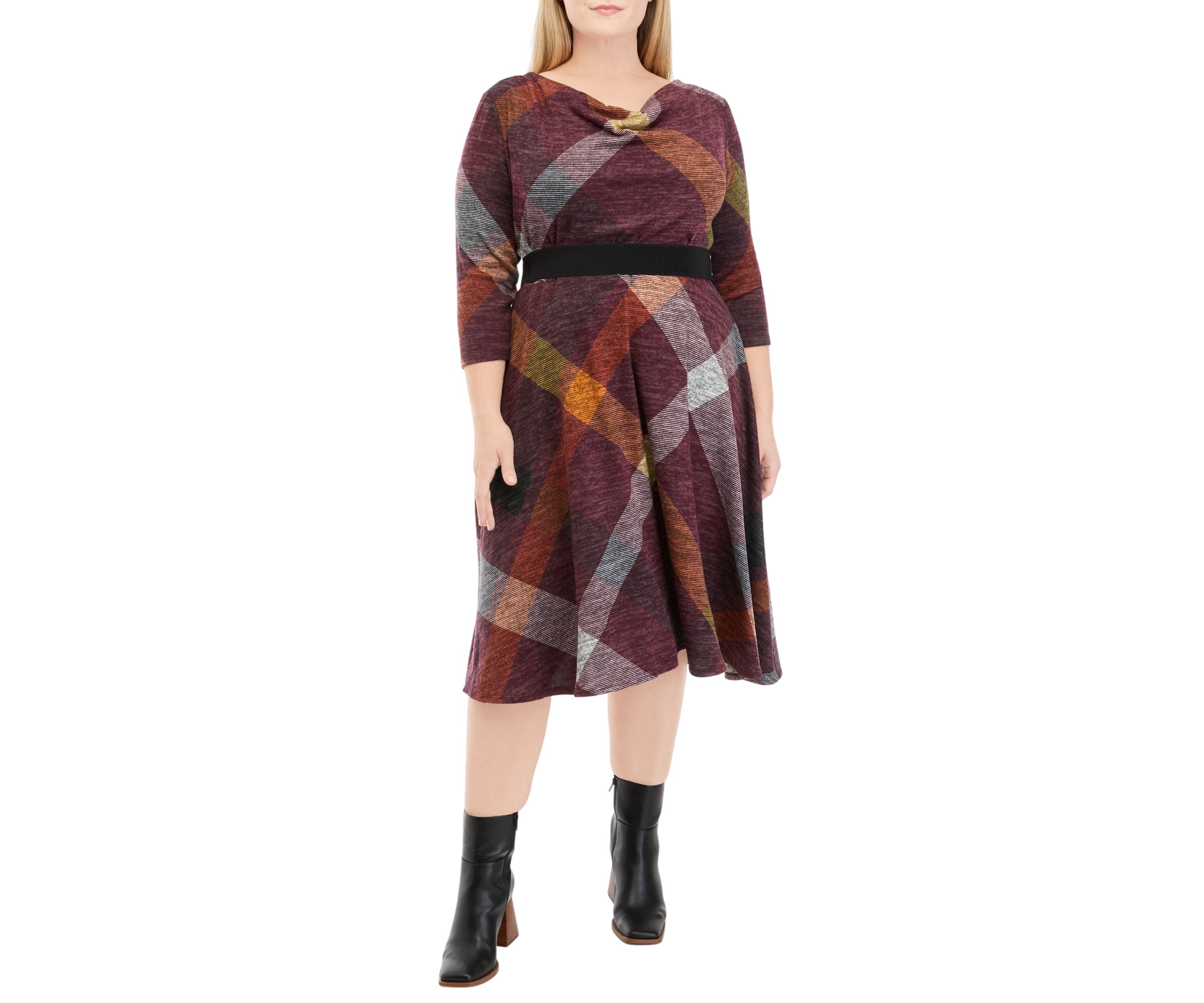 Plus Size 3/4 Sleeve Cowl Neck Belted Plaid Hacci Fit and Flare Dress