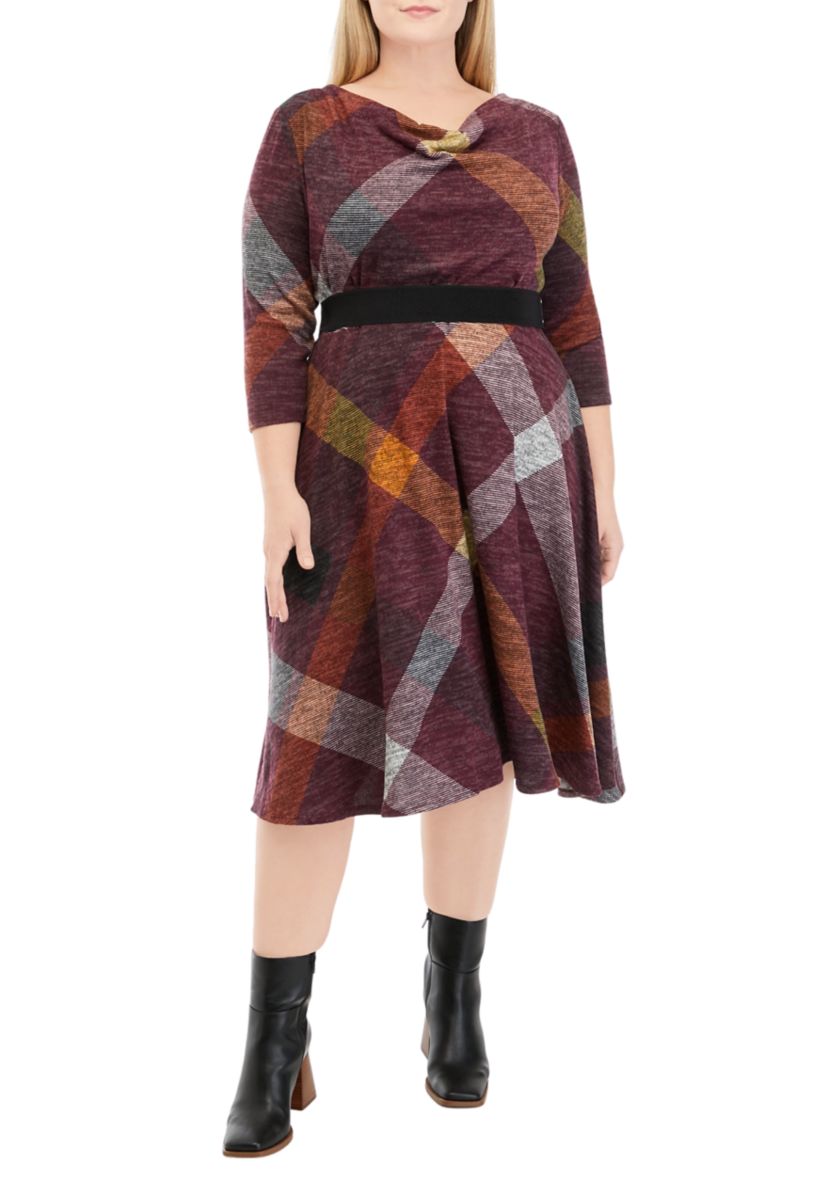 Plus Size 3/4 Sleeve Cowl Neck Belted Plaid Hacci Fit and Flare Dress