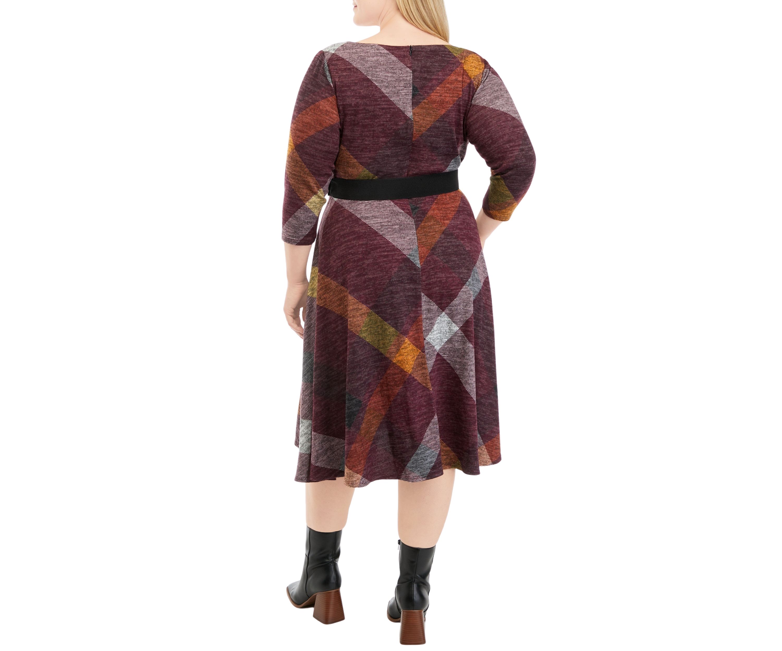 Plus Size 3/4 Sleeve Cowl Neck Belted Plaid Hacci Fit and Flare Dress