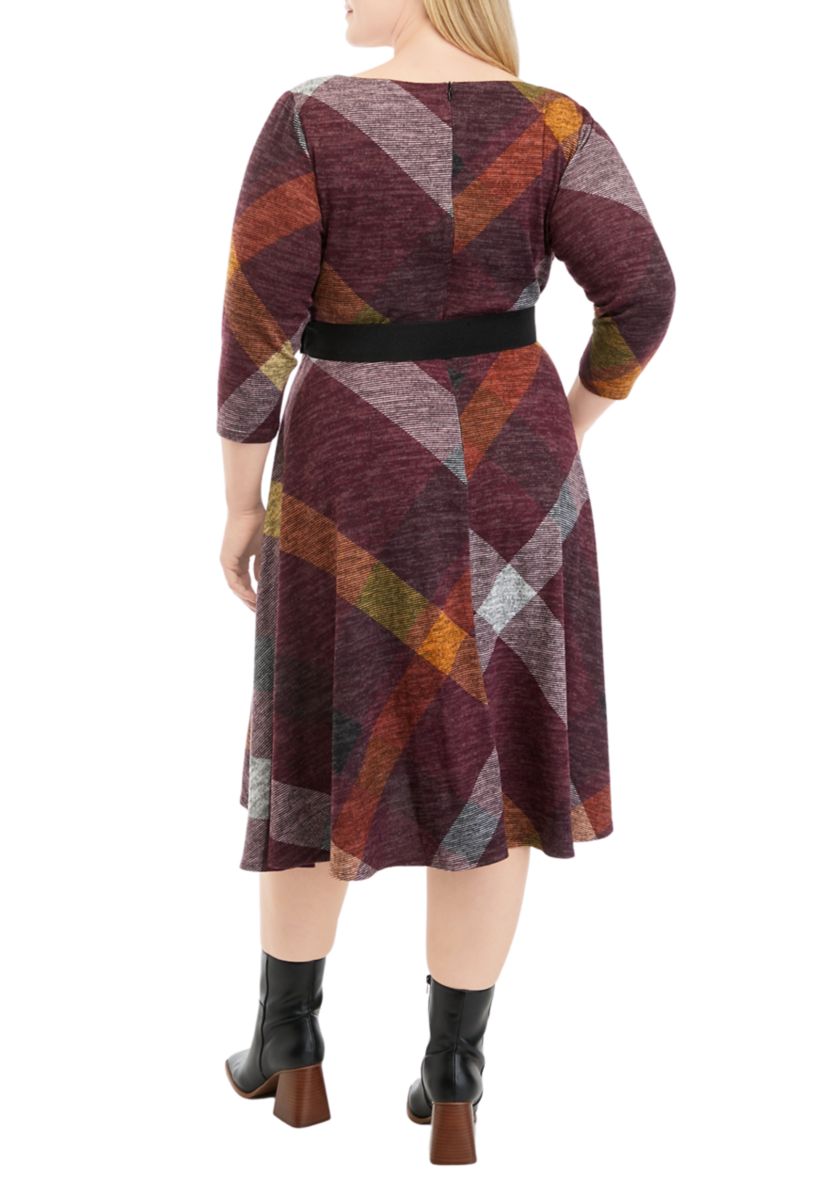 Plus Size 3/4 Sleeve Cowl Neck Belted Plaid Hacci Fit and Flare Dress