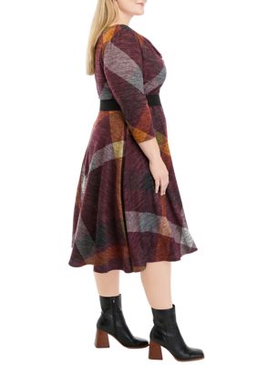 Plus 3/4 Sleeve Cowl Neck Belted Plaid Hacci Fit and Flare Dress