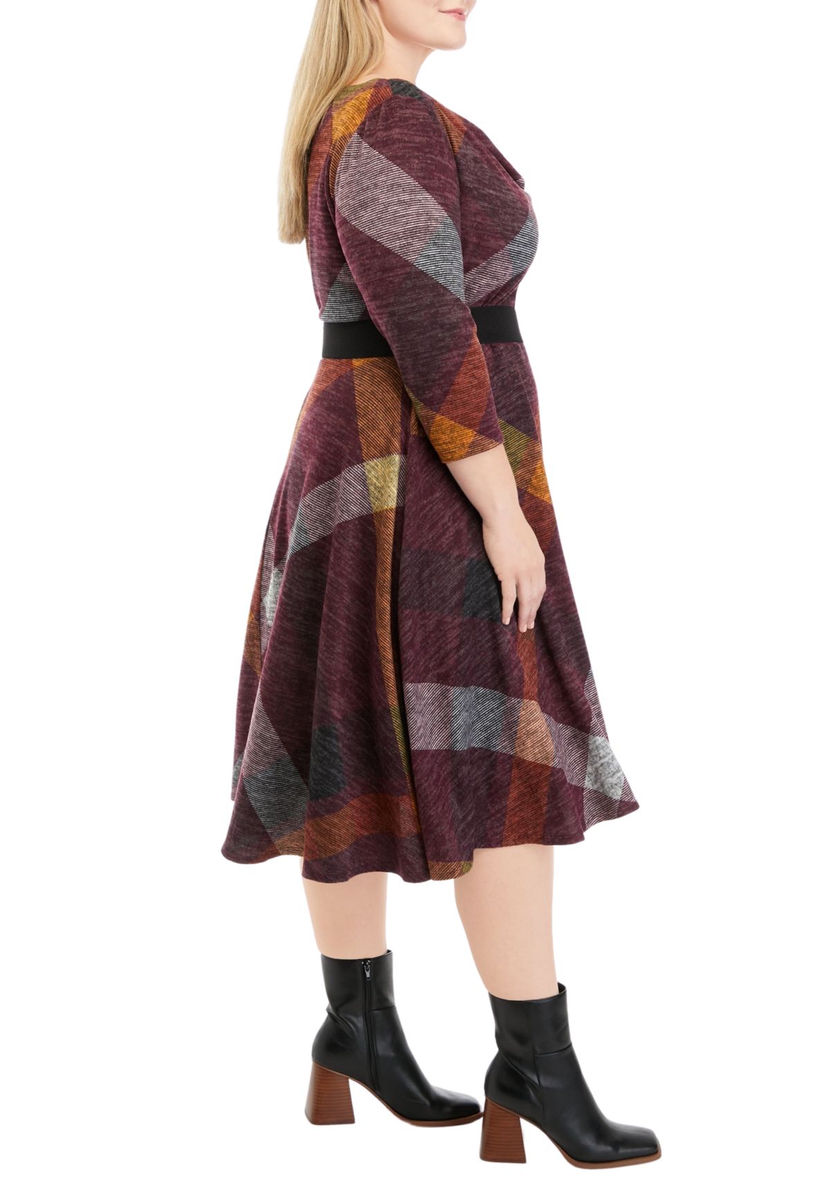Plus Size 3/4 Sleeve Cowl Neck Belted Plaid Hacci Fit and Flare Dress