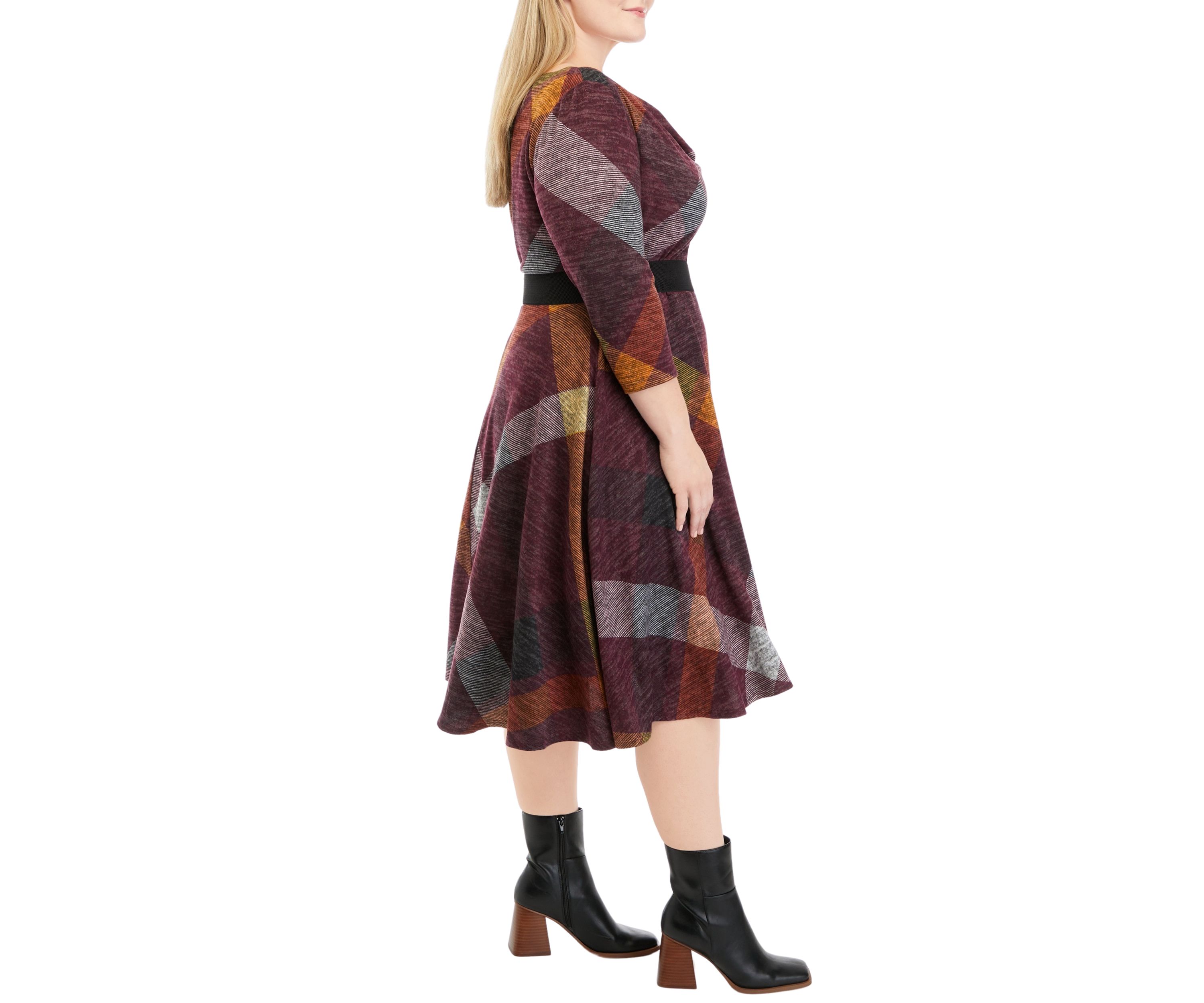 Plus Size 3/4 Sleeve Cowl Neck Belted Plaid Hacci Fit and Flare Dress