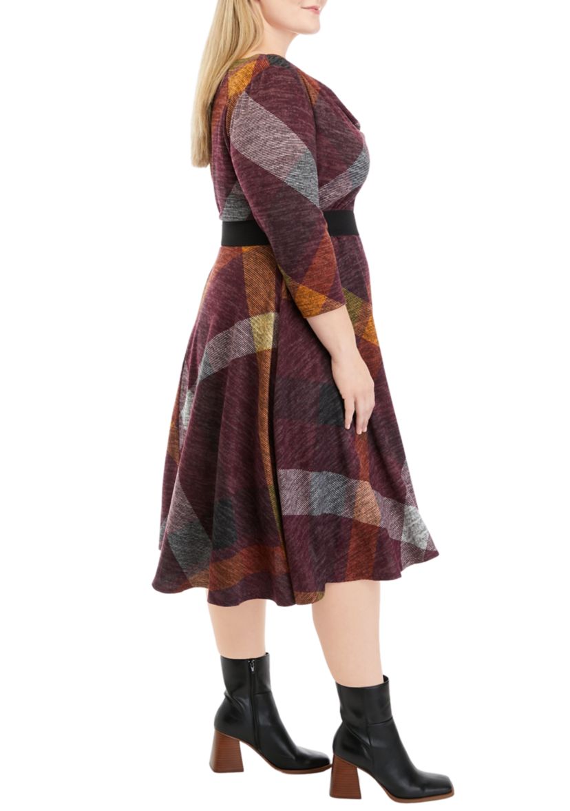 Plus Size 3/4 Sleeve Cowl Neck Belted Plaid Hacci Fit and Flare Dress