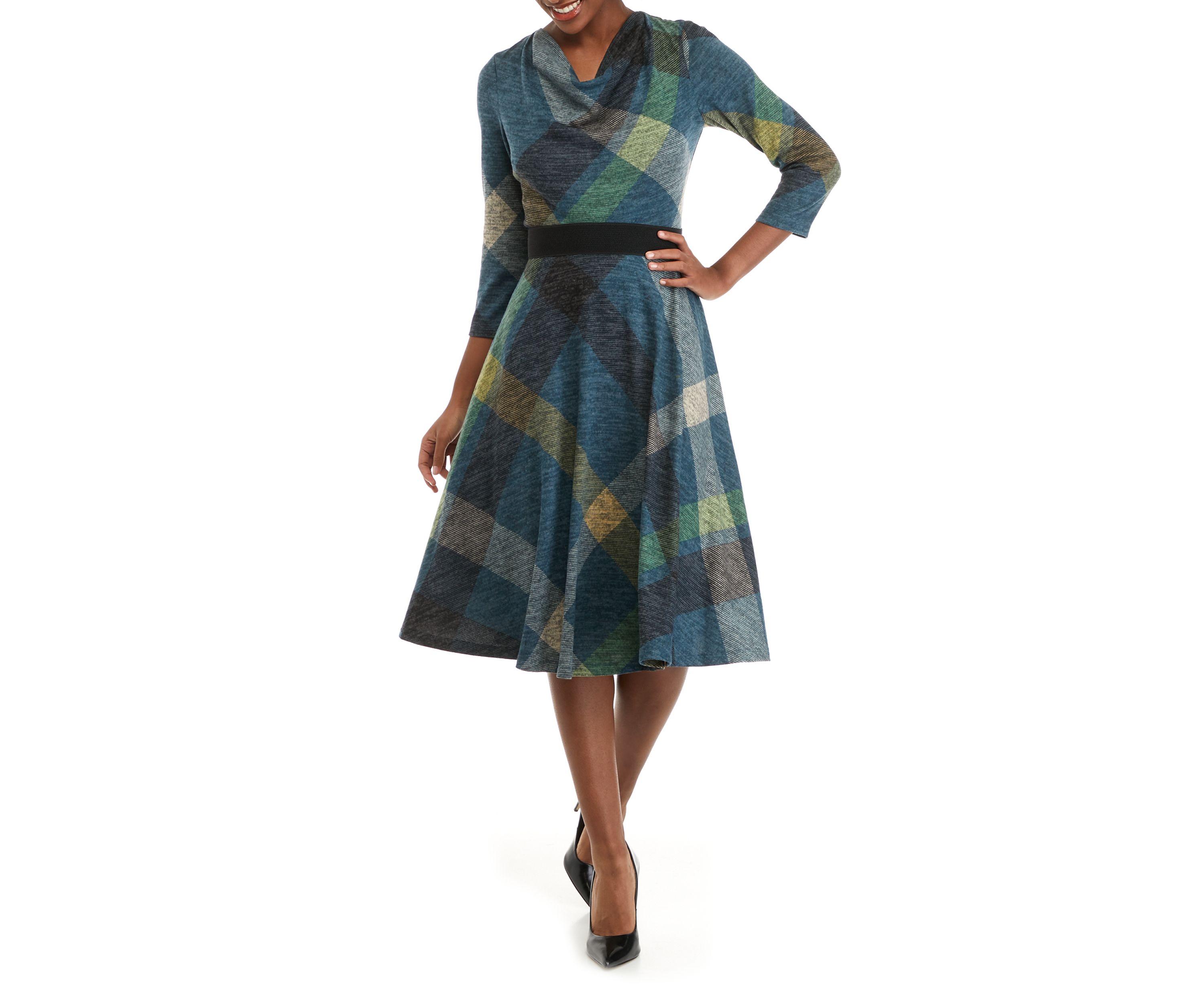 Womens Cowl Neck Belted Plaid Fit and Flare Dress