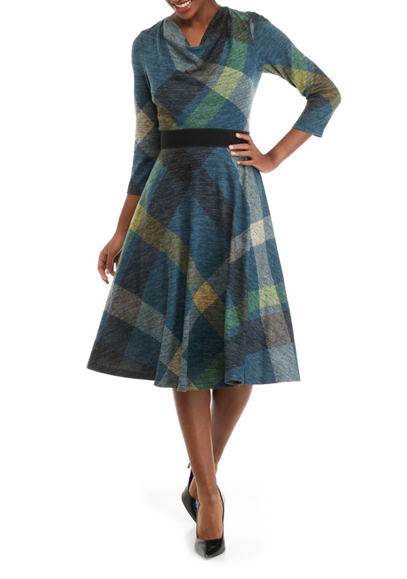 Womens Cowl Neck Belted Plaid Fit and Flare Dress