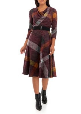 Women's Cowl Neck Belted Plaid Fit and Flare Dress