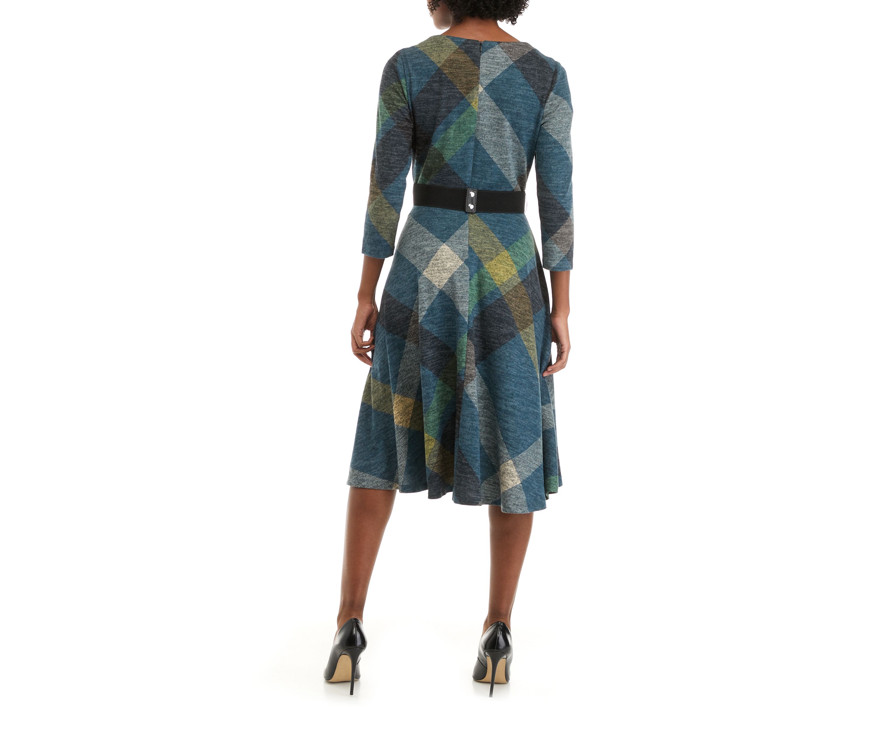 Womens Cowl Neck Belted Plaid Fit and Flare Dress