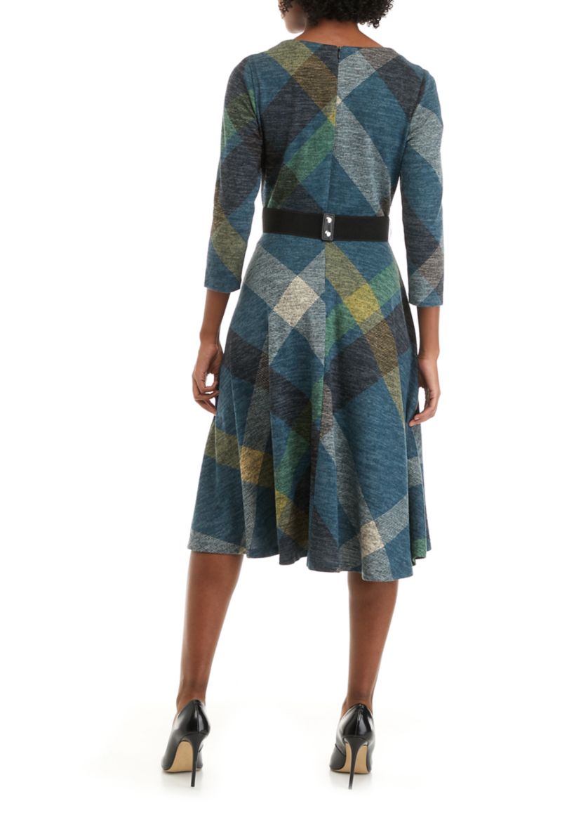 Womens Cowl Neck Belted Plaid Fit and Flare Dress