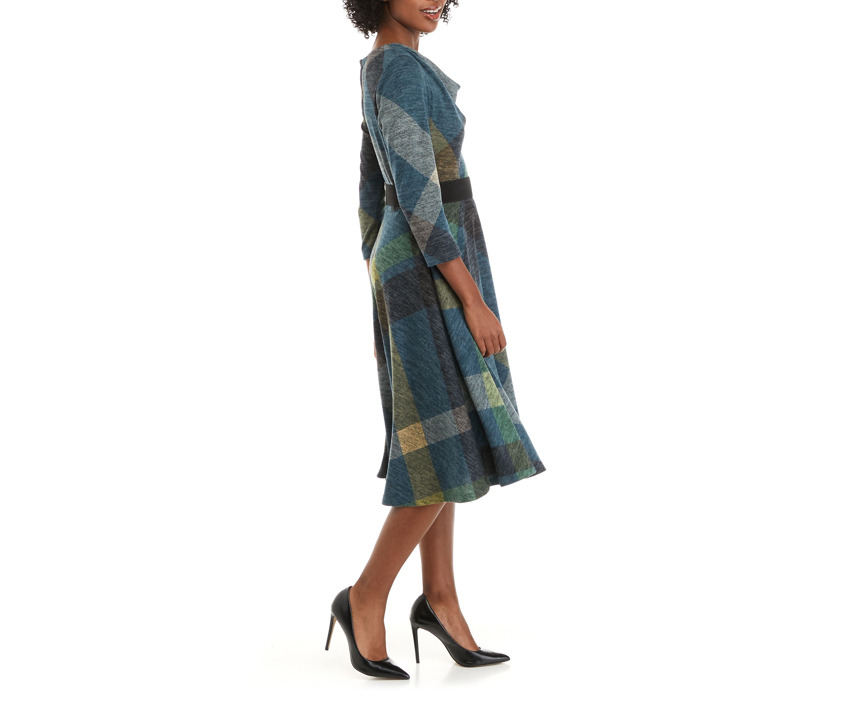 Womens Cowl Neck Belted Plaid Fit and Flare Dress