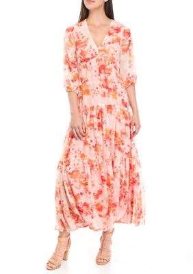 Maison Tara Women's Puff Sleeve Floral Chiffon Maxi Dress | belk