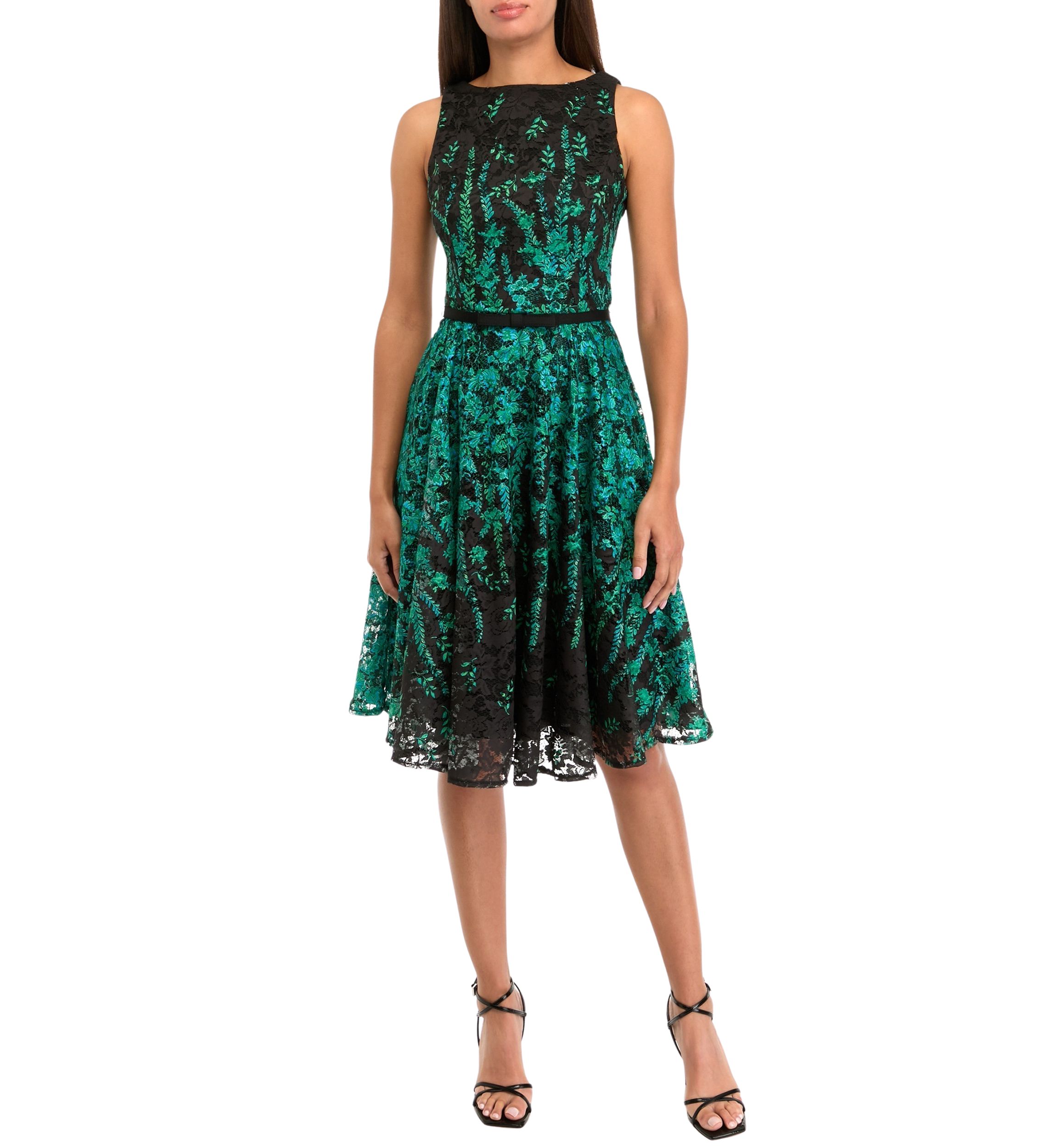 Womens Sleeveless Crew Neck Printed Fit and Flare Dress