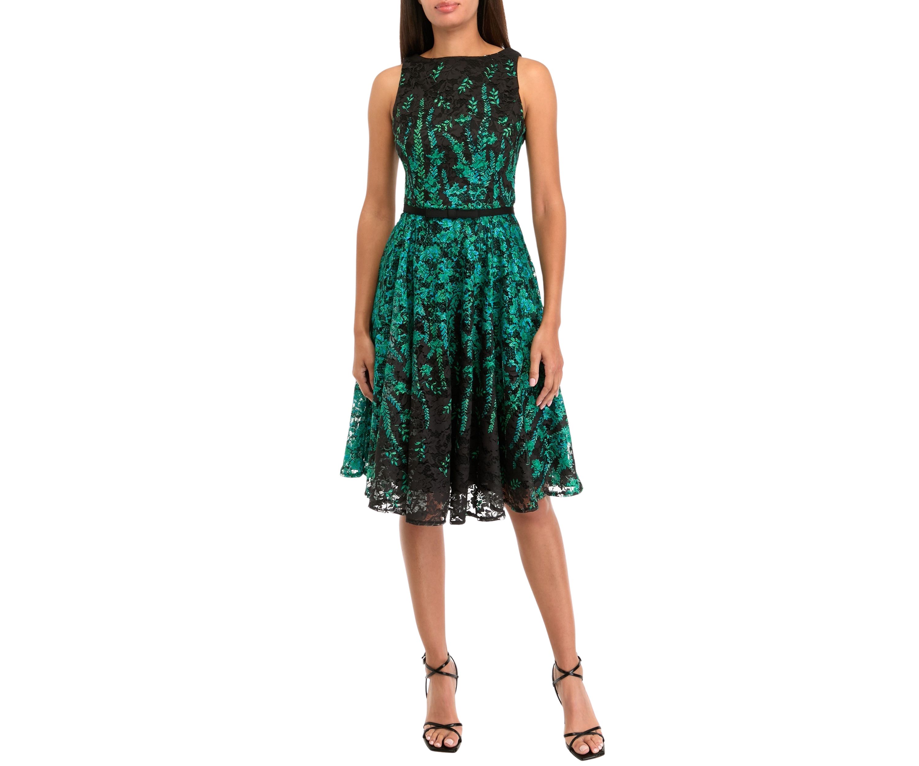 Womens Sleeveless Crew Neck Printed Fit and Flare Dress