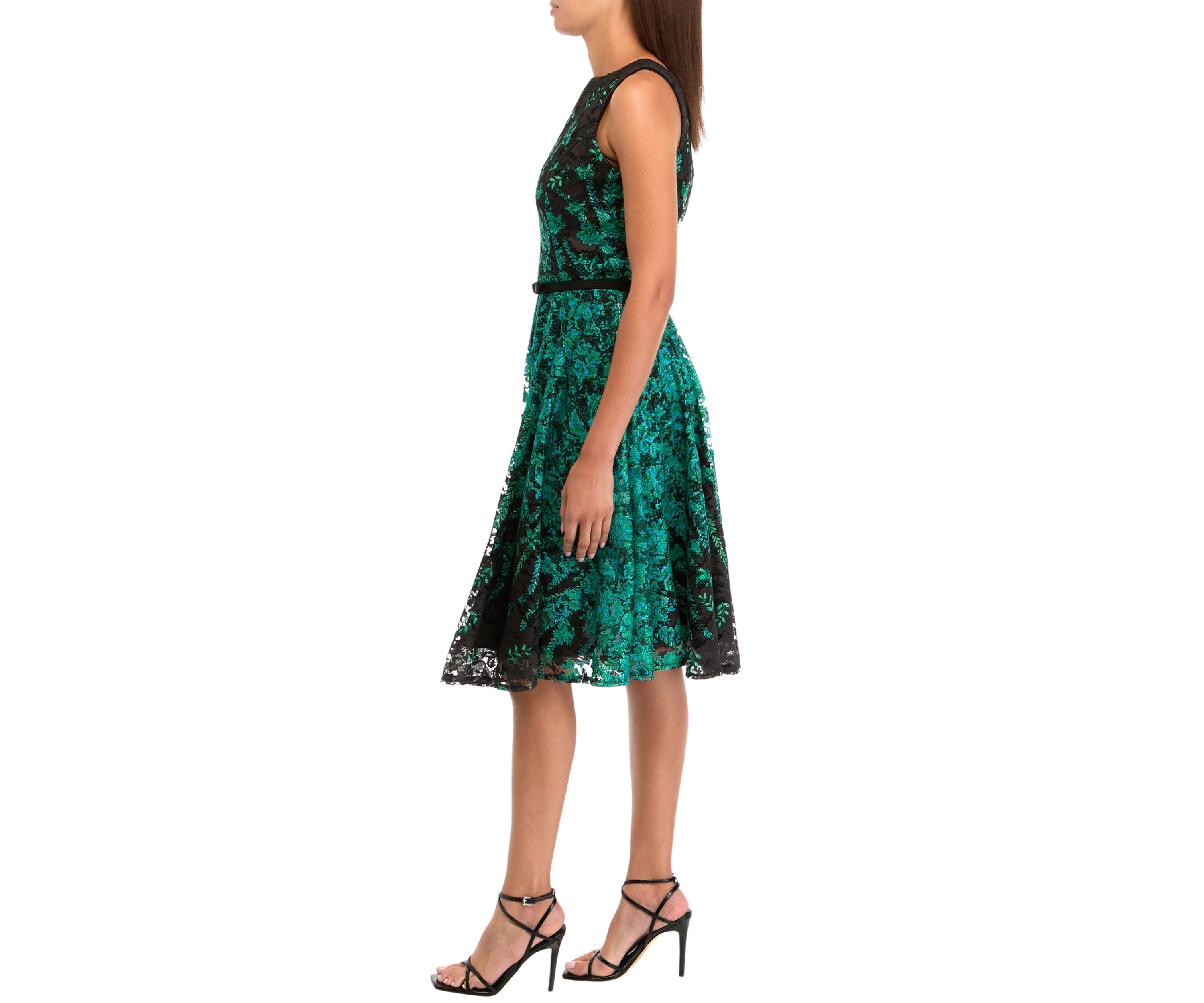 Womens Sleeveless Crew Neck Printed Fit and Flare Dress