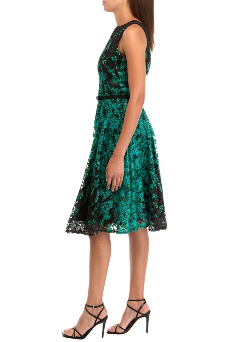 Womens Sleeveless Crew Neck Printed Fit and Flare Dress