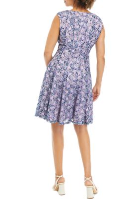 Women's Sleeveless Ditsy Floral Printed Lace Fit and Flare Dress