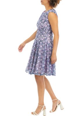 Women's Sleeveless Ditsy Floral Printed Lace Fit and Flare Dress