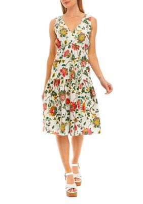 Women's Sleeveless V-Neck Cinched Waist Floral Printed Fit and Flare Dress