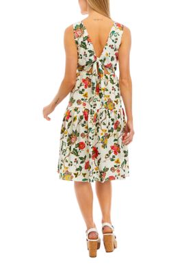 Women's Sleeveless V-Neck Cinched Waist Floral Printed Fit and Flare Dress