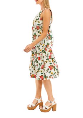 Women's Sleeveless V-Neck Cinched Waist Floral Printed Fit and Flare Dress