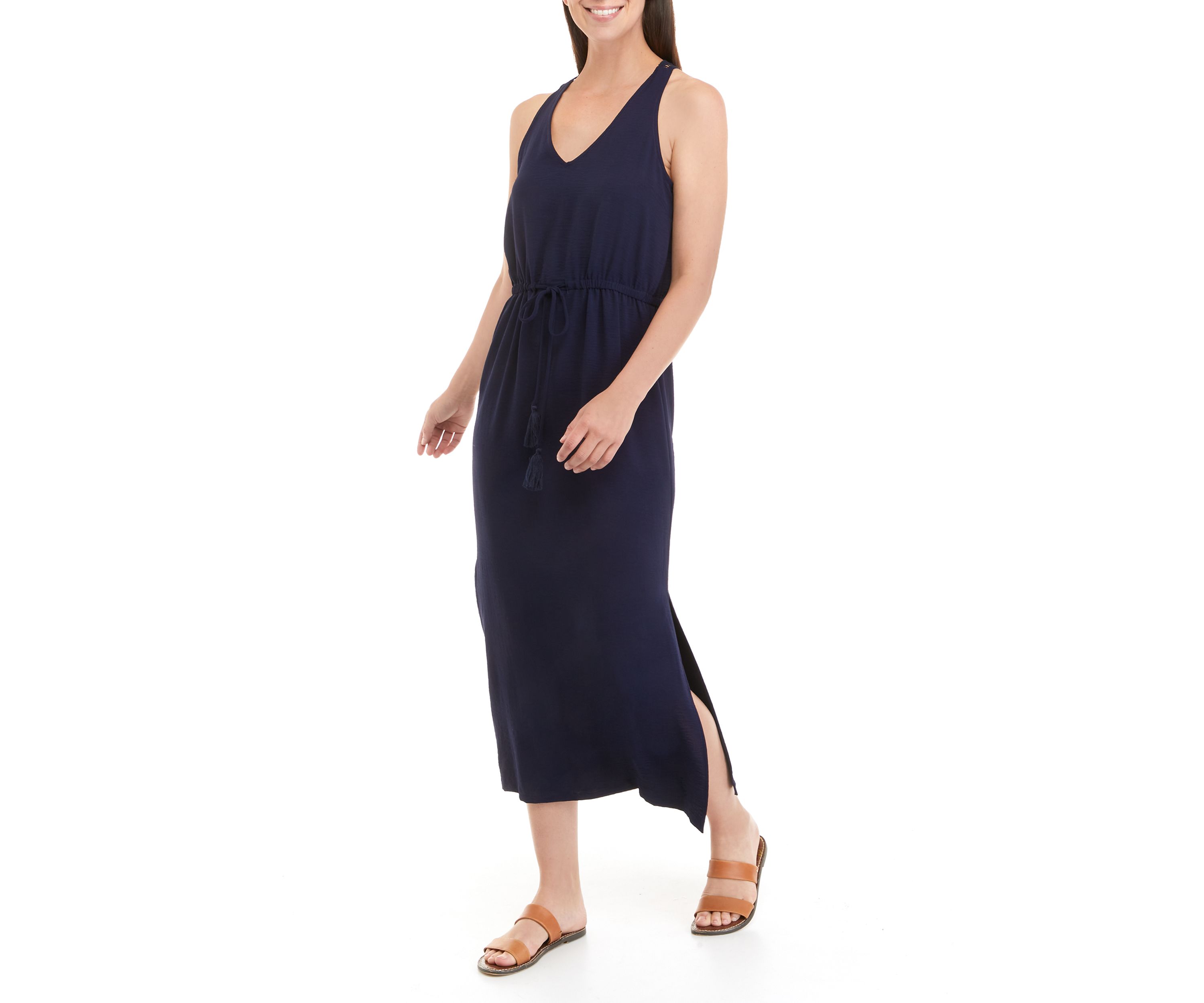 Womens Sleeveless Textured Woven Crochet Back Dress 