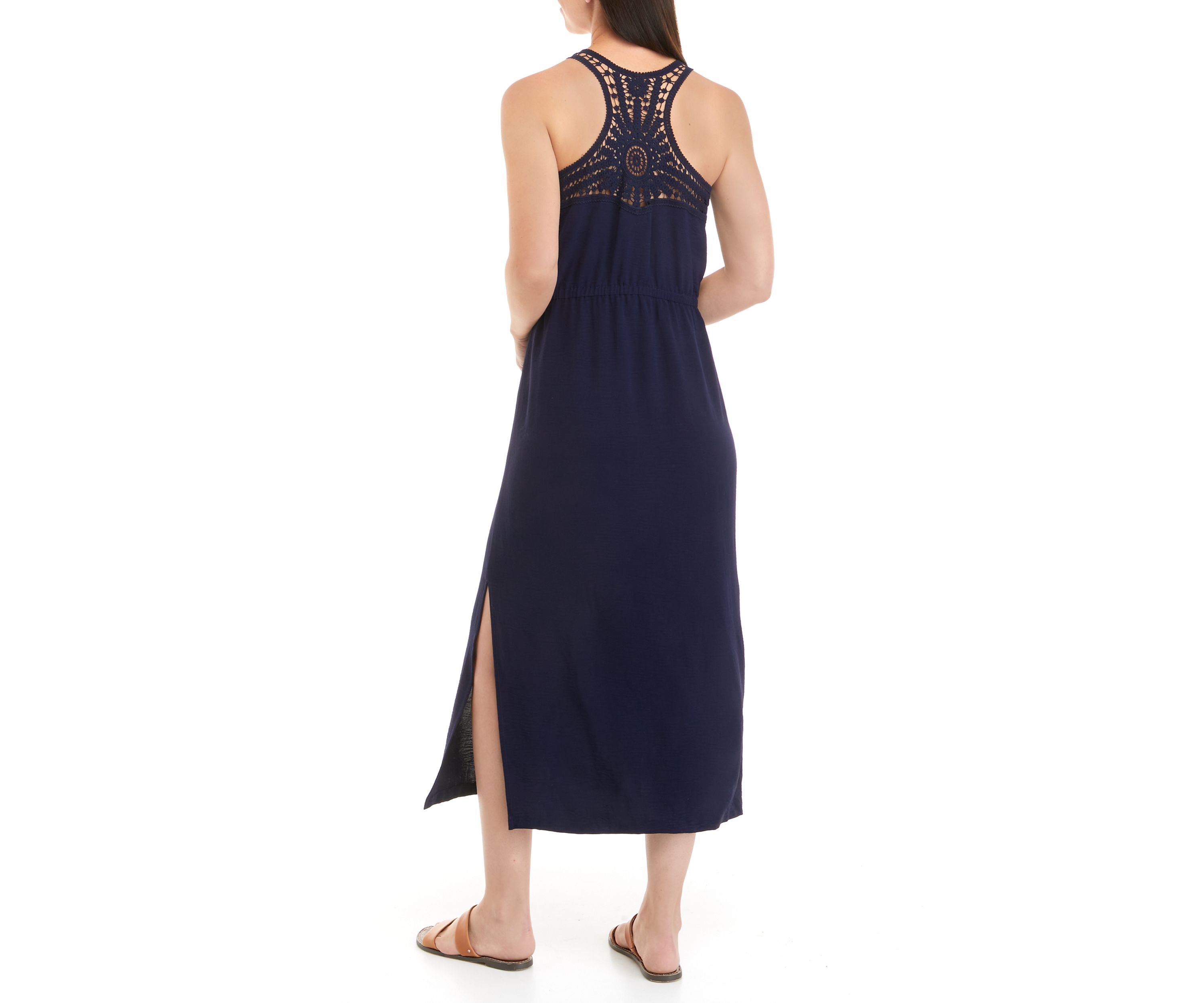 Womens Sleeveless Textured Woven Crochet Back Dress 