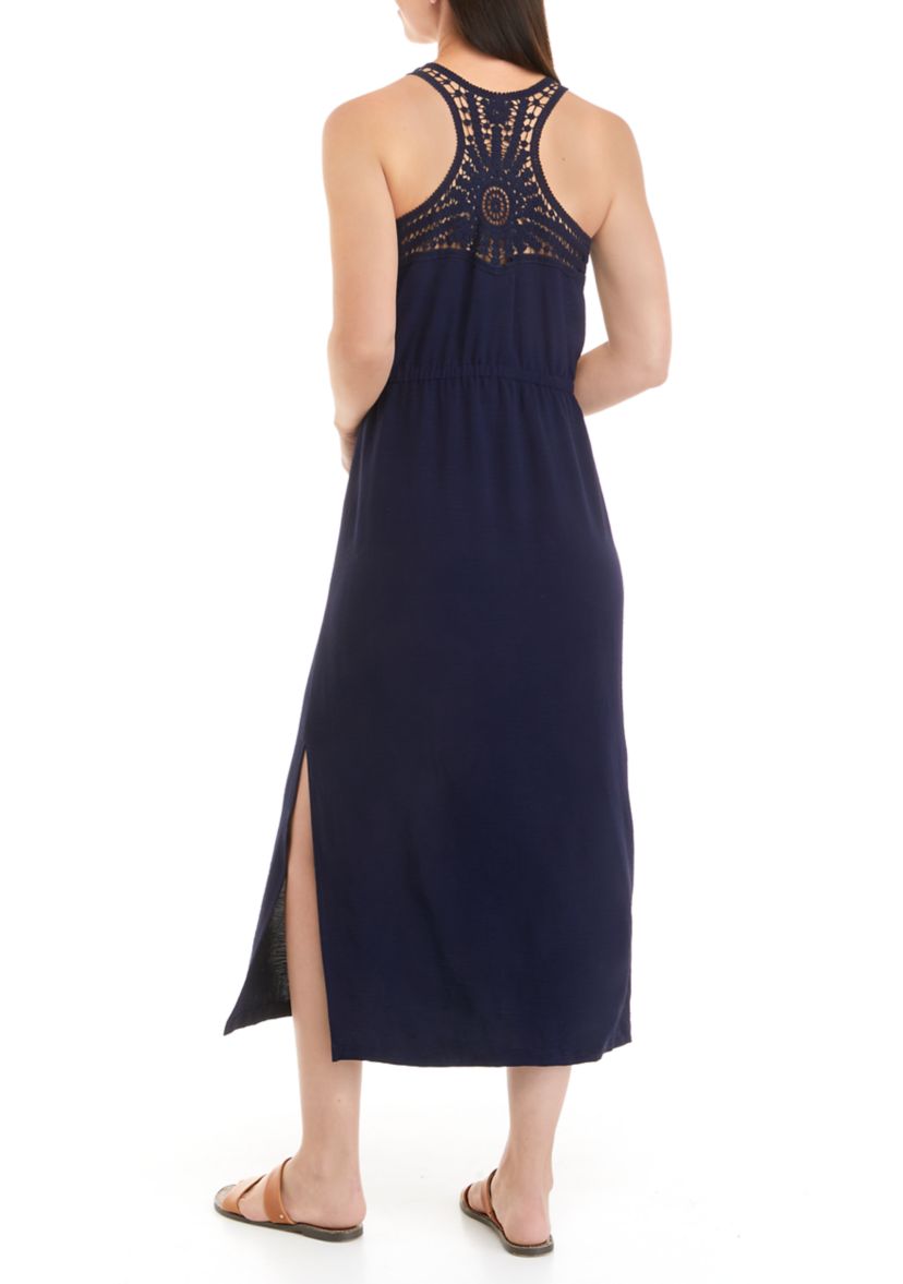 Womens Sleeveless Textured Woven Crochet Back Dress 