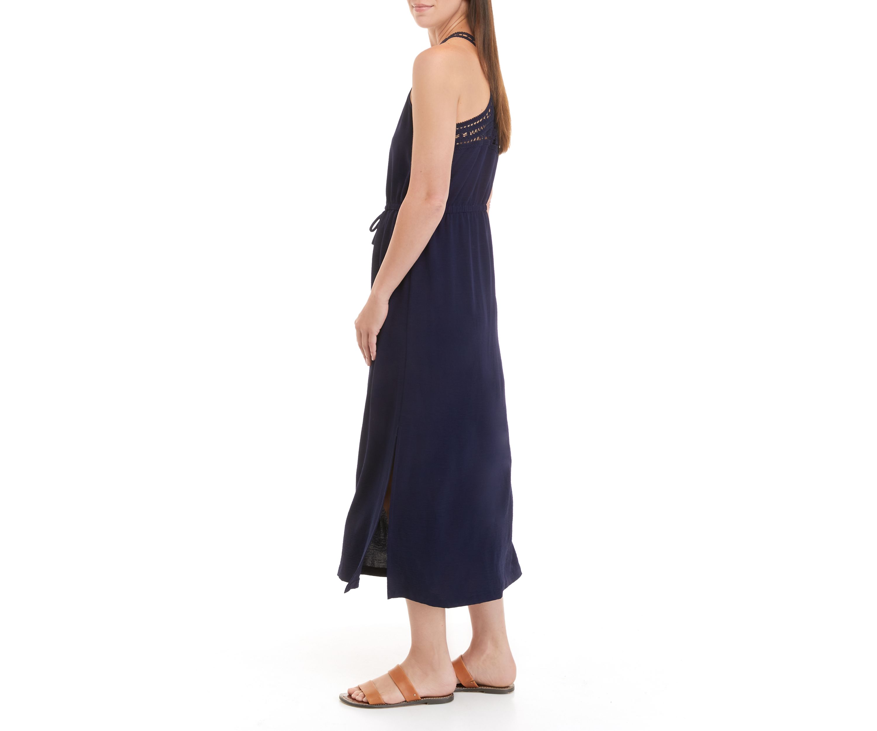 Womens Sleeveless Textured Woven Crochet Back Dress 