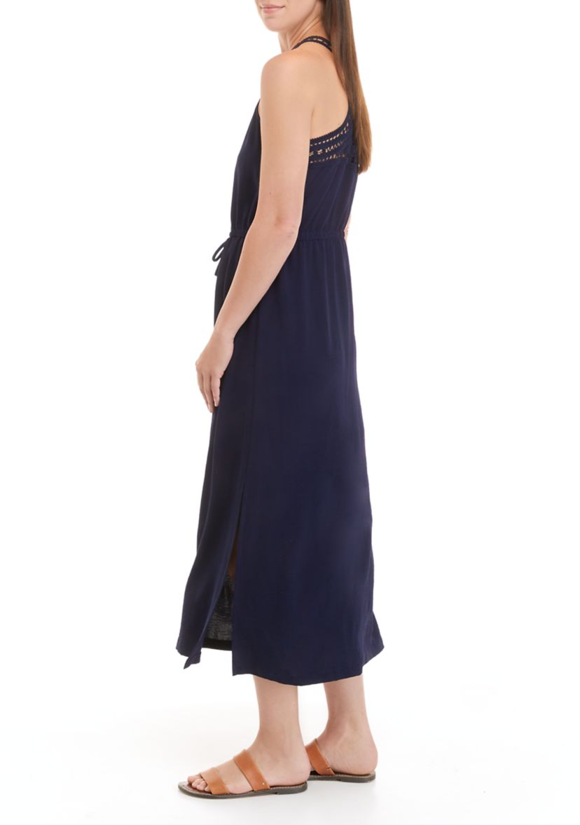 Womens Sleeveless Textured Woven Crochet Back Dress 