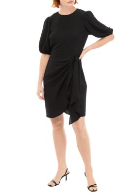 Women's Short Puff Sleeve Solid Side Tie Fit and Flare Dress